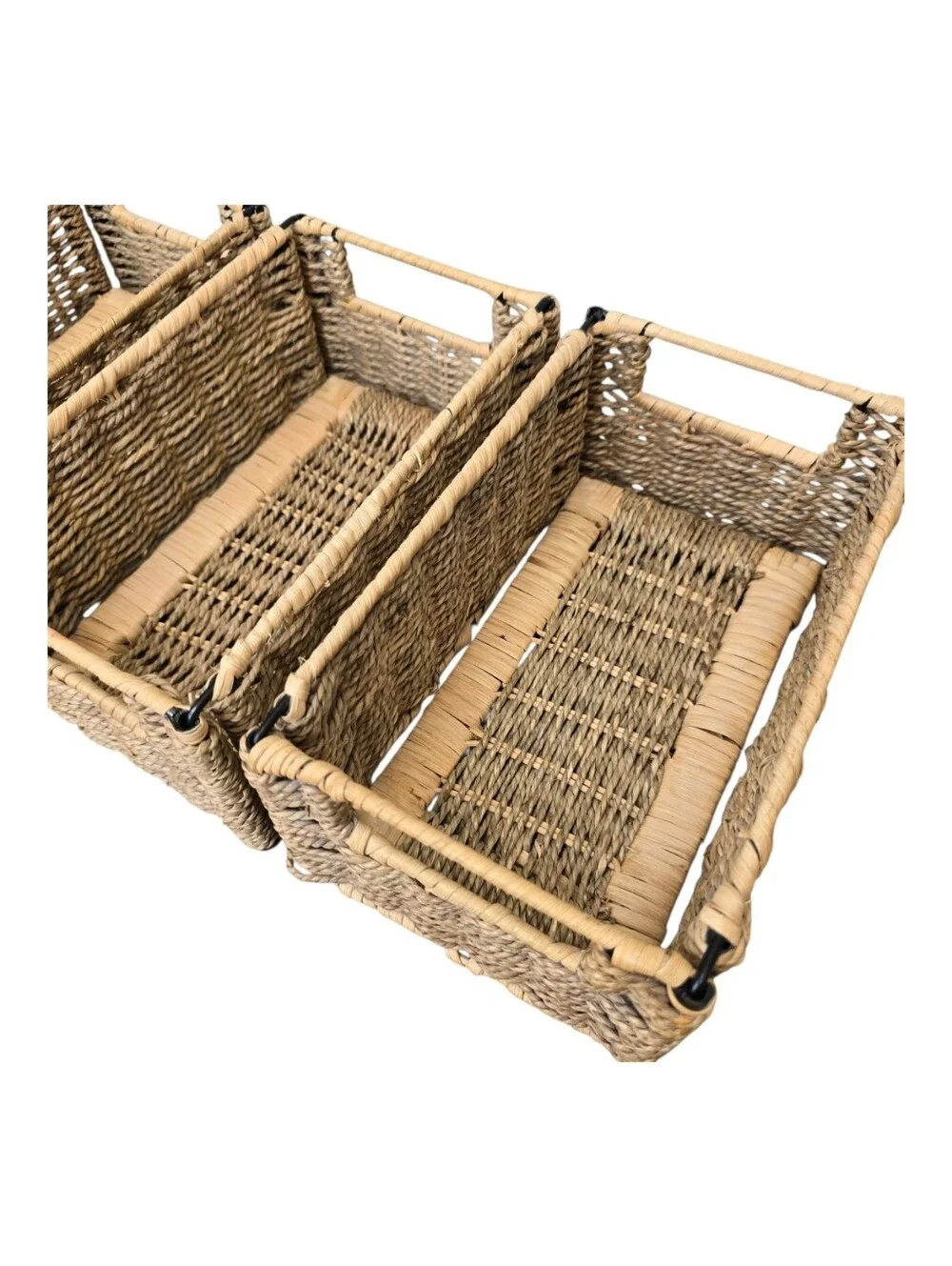 Natural Small Woven Seagrass Storage Baskets With Handles - Set of 3